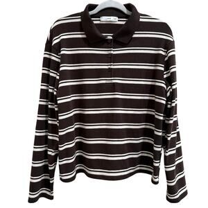 MNG Mango Brown/White Stripe Polo LongSleeve Preppy Pullover Sweater Women Large